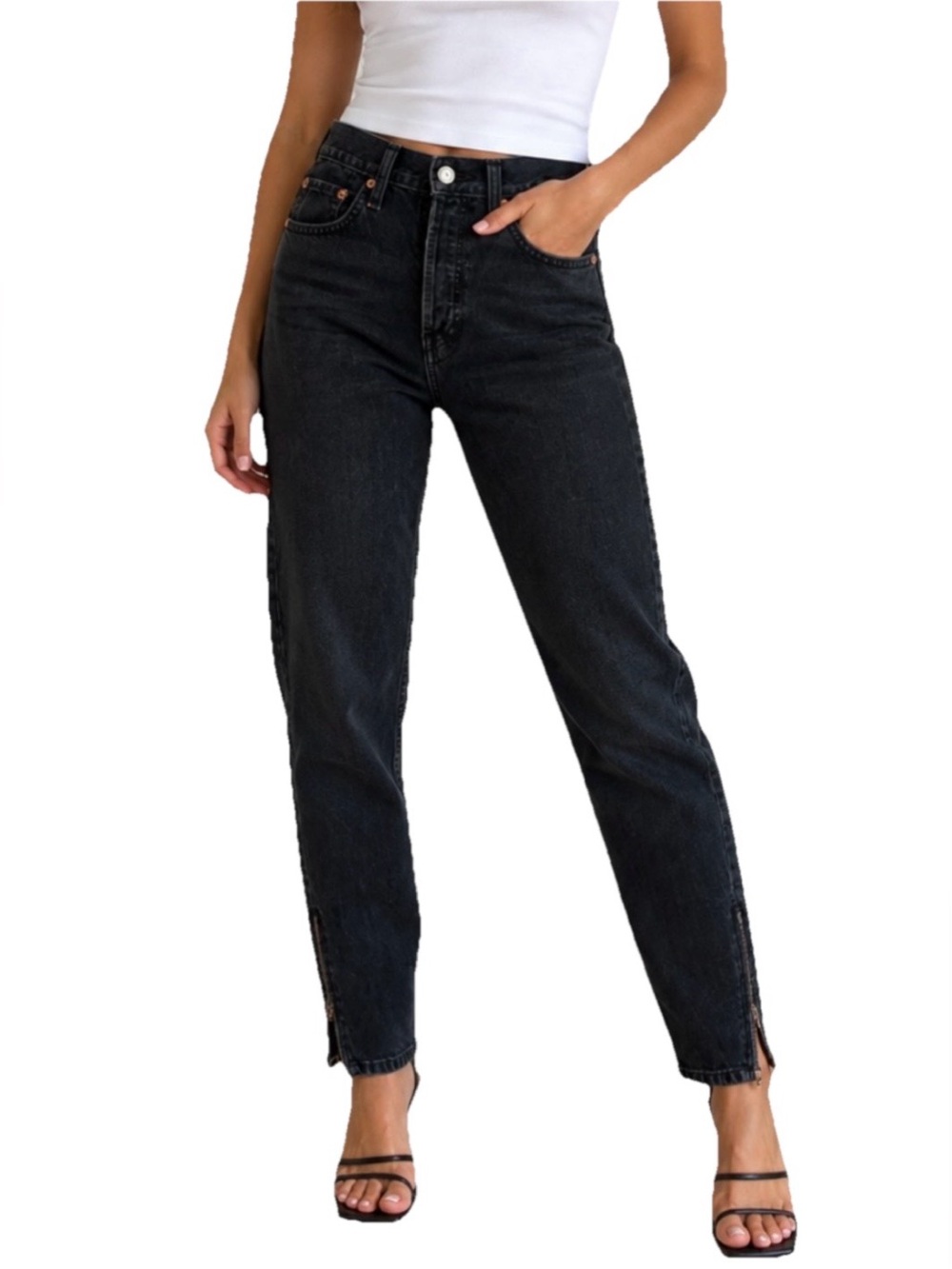 REDONE Women’s Black Zipper Ankle High Rise Cotton Denim Jeans Size 25